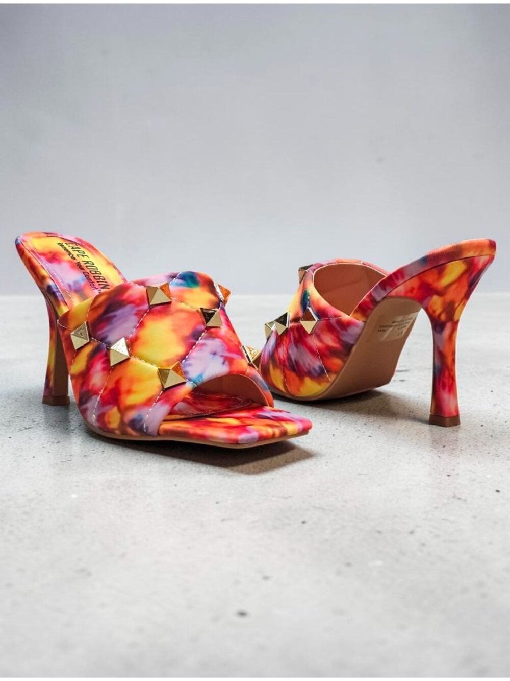 Colorful Tie-Dye Studded High Heel Mules With Quilted Detail & Open Toe Design F